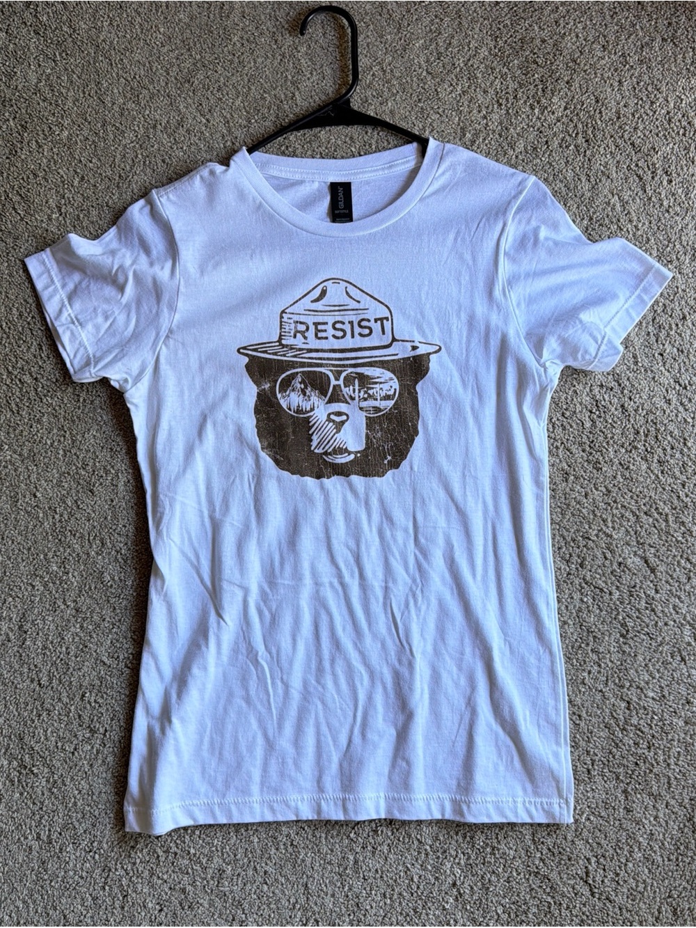 Gildan White Short Sleeve Tee with Brown 'Resist' Bear Graphic